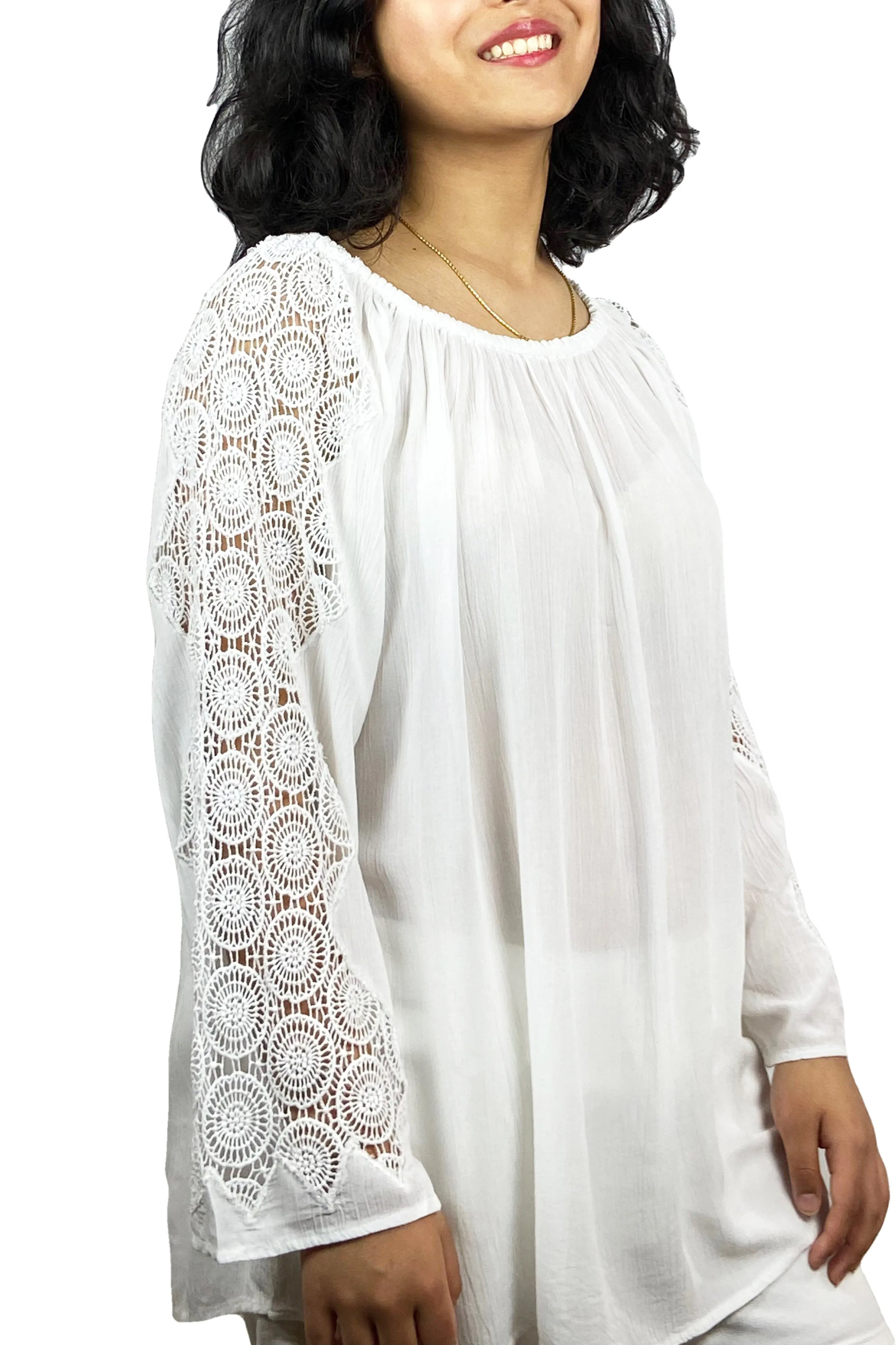 3903 B Rayon Crepe Bohemian Lace Sleeve Round Neck Summer Tunic Blouse