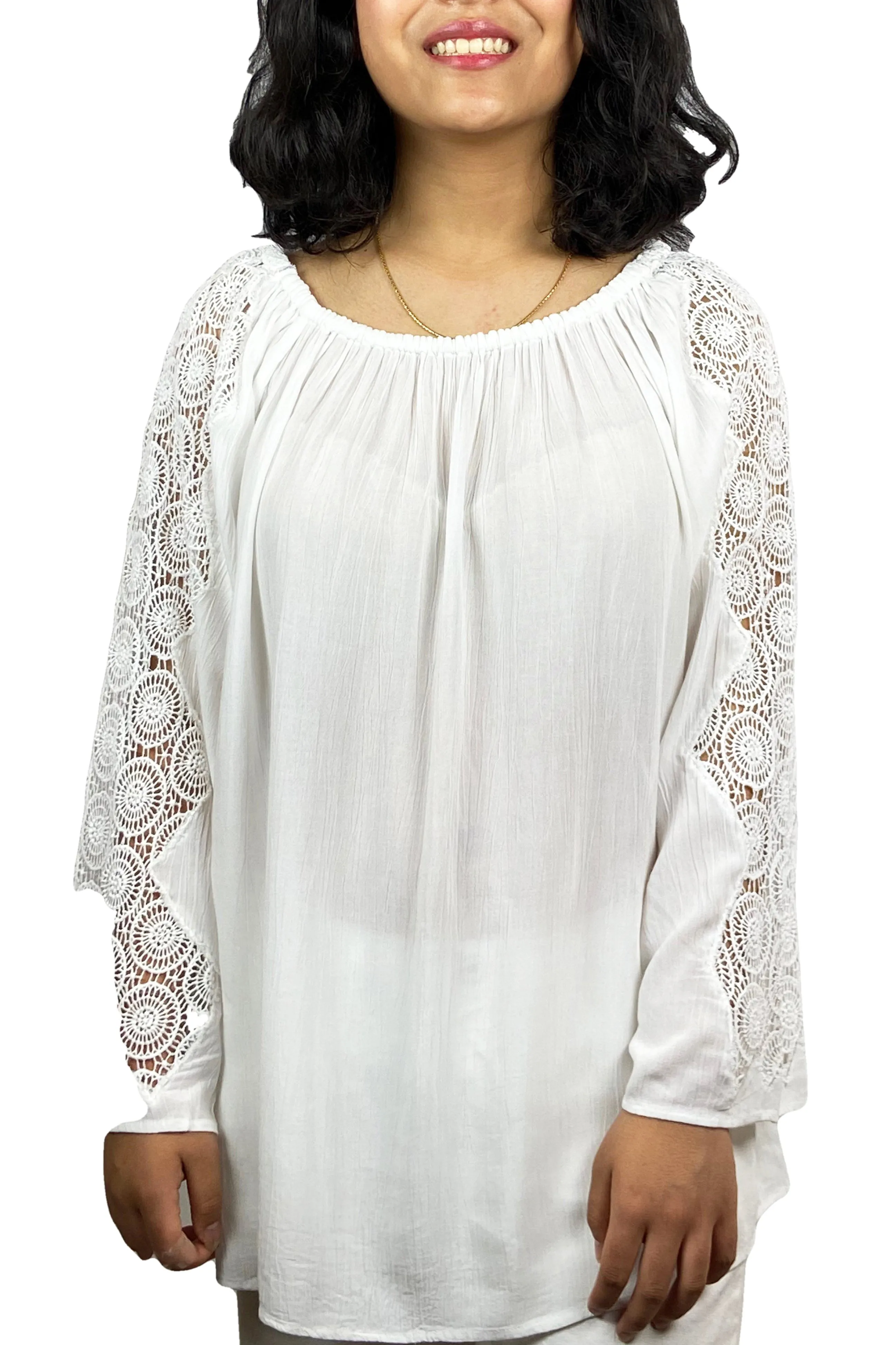 3903 B Rayon Crepe Bohemian Lace Sleeve Round Neck Summer Tunic Blouse