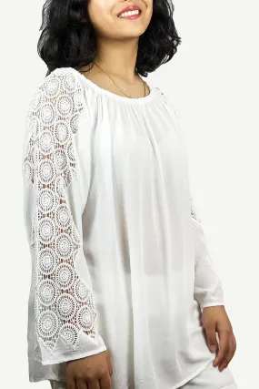 3903 B Rayon Crepe Bohemian Lace Sleeve Round Neck Summer Tunic Blouse