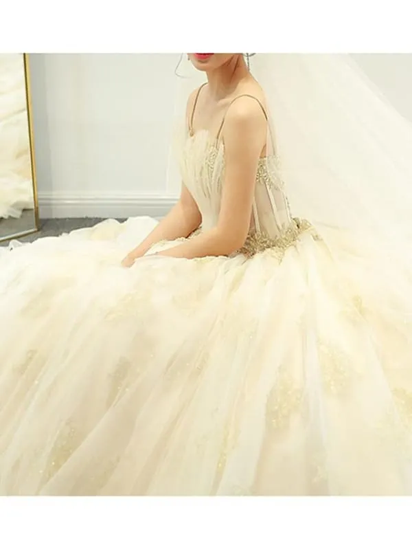 A-Line Wedding Dresses V Neck Cathedral Train Lace Spaghetti Strap