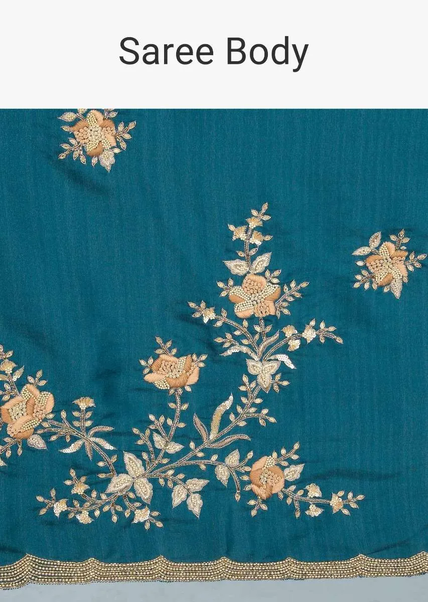 Admiral blue dupion silk saree with embroidered lower bottom and pallo only on kalki