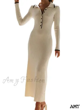 Amy Fashion - Women Knitted  Sleeve Turn-down Neck Buttons Up Ribbed  Party Slim Fit Fall Female Vestidos
