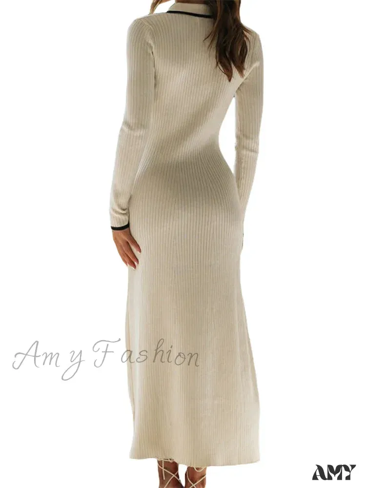 Amy Fashion - Women Knitted  Sleeve Turn-down Neck Buttons Up Ribbed  Party Slim Fit Fall Female Vestidos
