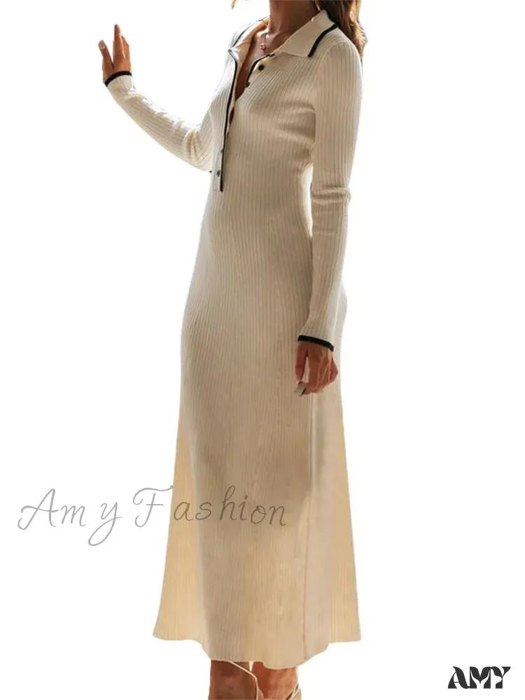 Amy Fashion - Women Knitted  Sleeve Turn-down Neck Buttons Up Ribbed  Party Slim Fit Fall Female Vestidos