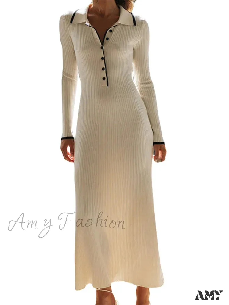 Amy Fashion - Women Knitted  Sleeve Turn-down Neck Buttons Up Ribbed  Party Slim Fit Fall Female Vestidos