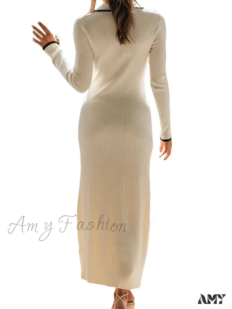Amy Fashion - Women Knitted  Sleeve Turn-down Neck Buttons Up Ribbed  Party Slim Fit Fall Female Vestidos