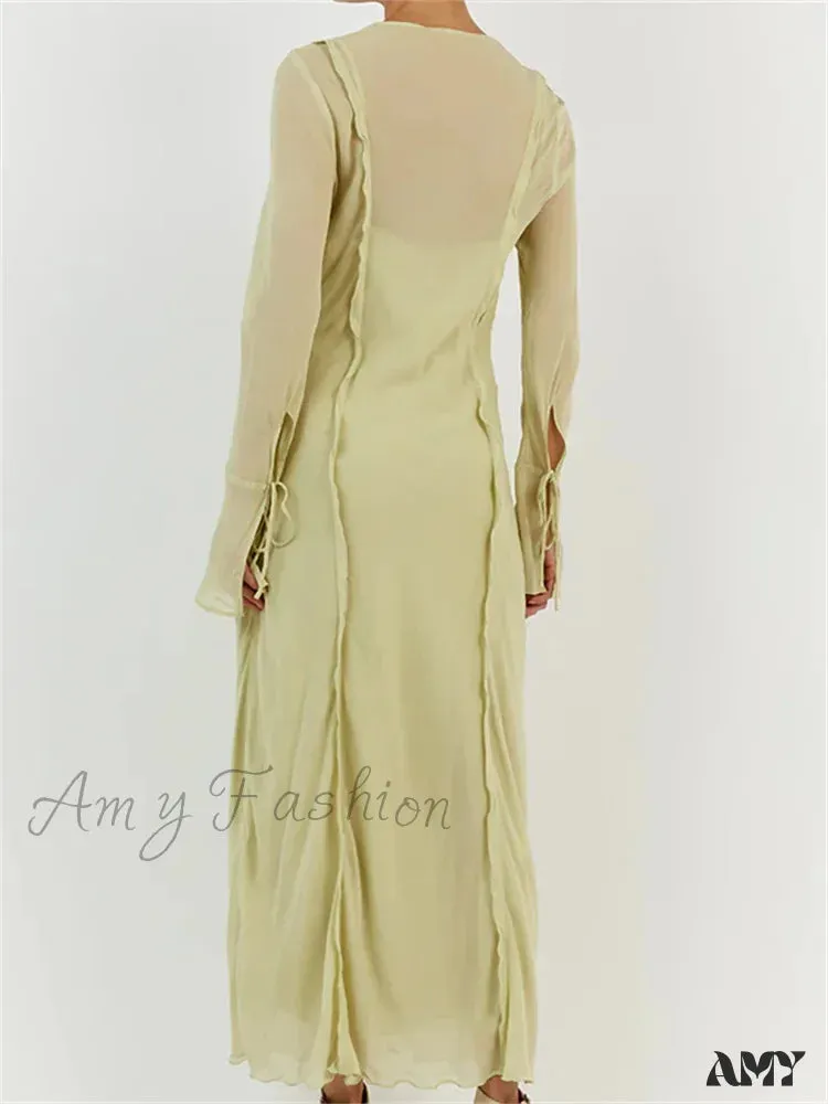 Amy Fashion - Women  Sleeve Loose Casual V Neck Mesh See Through Party Beach Cocktail Club Vestidos Streetwear