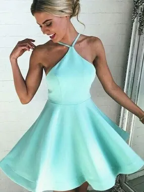 Bridelily A-Line Satin Halter Sleeveless With Pleated Short/Mini Dresses