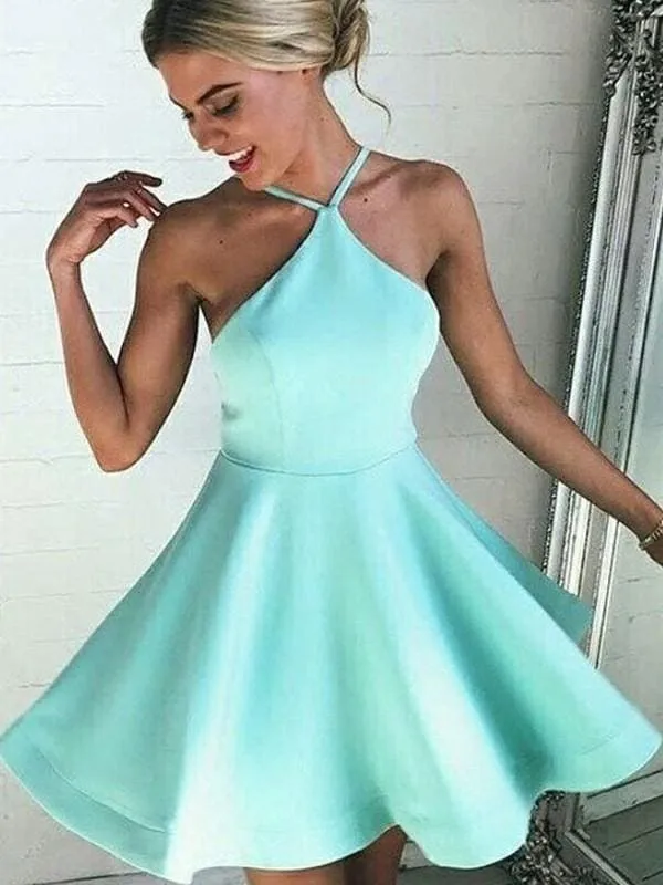 Bridelily A-Line Satin Halter Sleeveless With Pleated Short/Mini Dresses