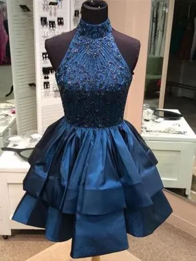 Bridelily A-Line Satin High Neck Sleeveless Short/Mini With Beading Dresses