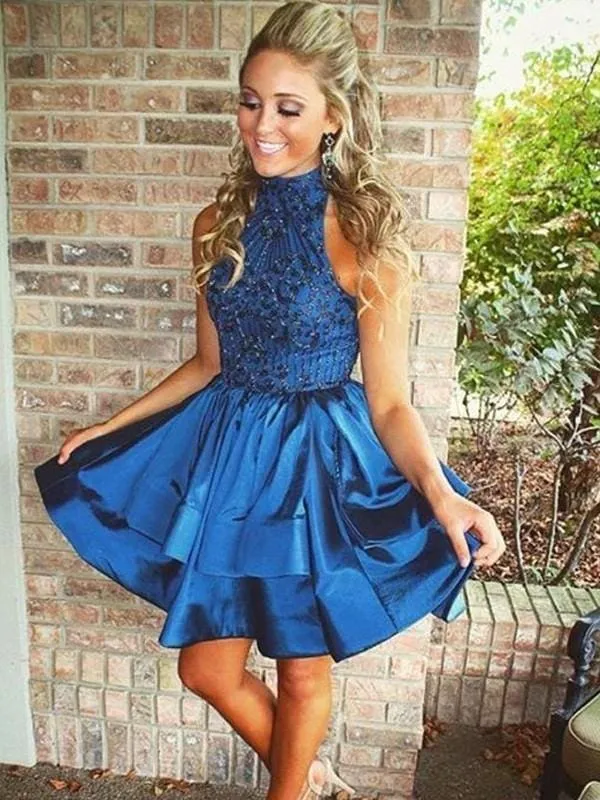 Bridelily A-Line Satin High Neck Sleeveless Short/Mini With Beading Dresses