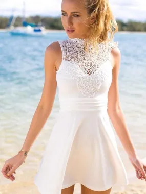 Bridelily A-Line Satin High Neck Sleeveless Short/Mini With Lace Dresses