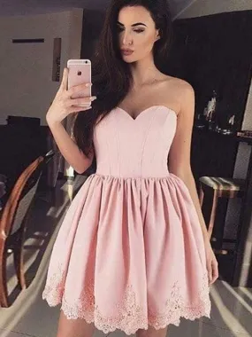 Bridelily A-Line Sweetheart Lace Satin Short/Mini Dresses