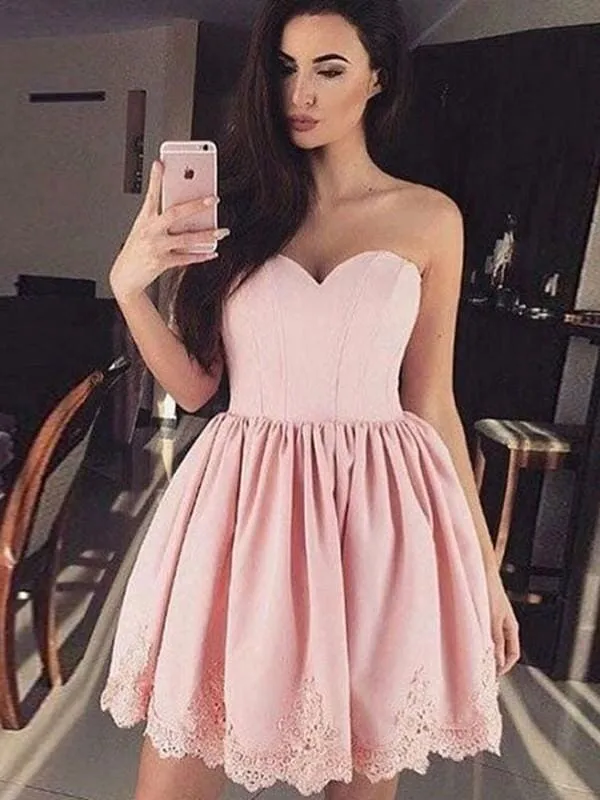Bridelily A-Line Sweetheart Lace Satin Short/Mini Dresses