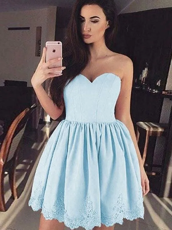 Bridelily A-Line Sweetheart Lace Satin Short/Mini Dresses