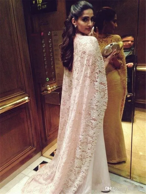 Bridelily Arabic Mermaid Long Evening Gowns with High Neck Lace Cape Party Dresses