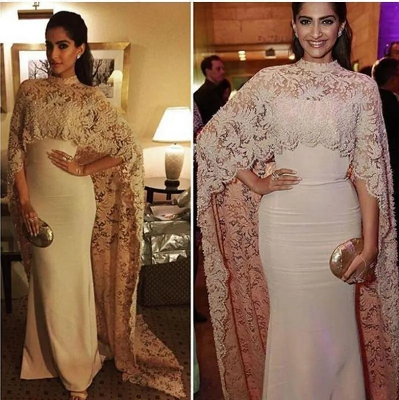 Bridelily Arabic Mermaid Long Evening Gowns with High Neck Lace Cape Party Dresses