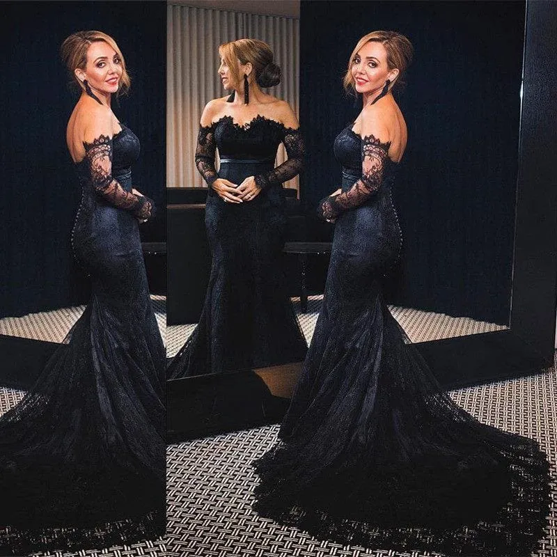 Bridelily Off-shoulder Long Sleeves V-neck Lace Sweep-train Mermaid Prom Dresses
