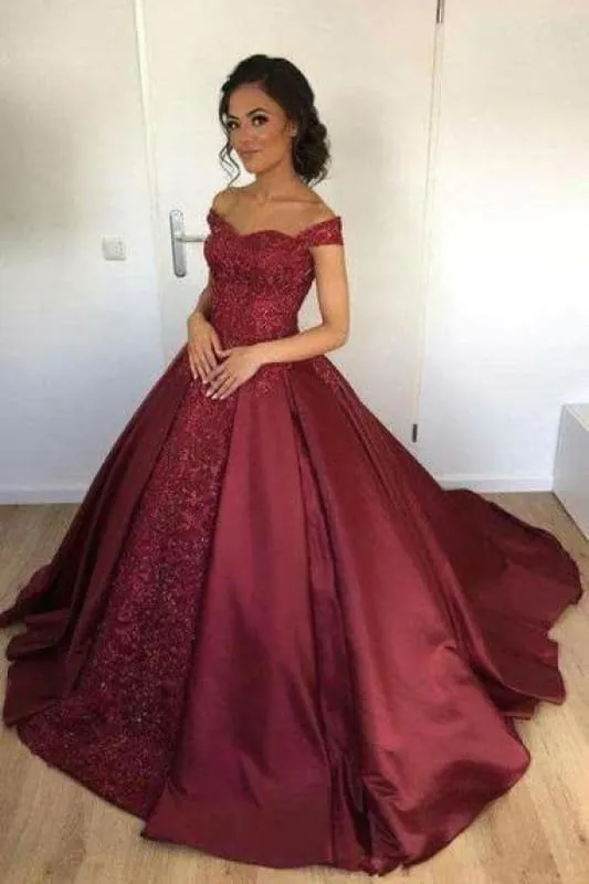 Bridelily Off-the-Shoulder Burgundy Lace Appliques Ball-Gown Evening Dress
