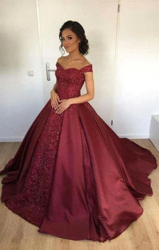 Bridelily Off-the-Shoulder Burgundy Lace Appliques Ball-Gown Evening Dress