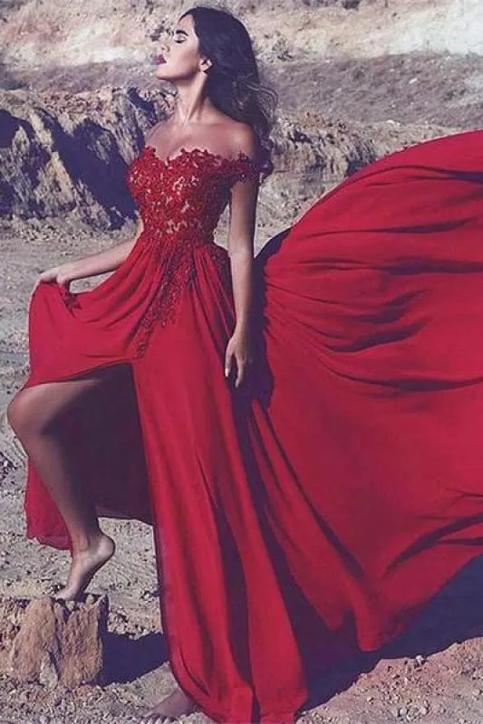 Bridelily Off-the-Shoulder Red Lace Appliques Long Split Prom Dress