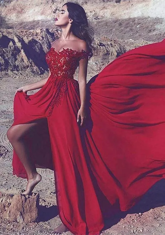 Bridelily Off-the-Shoulder Red Lace Appliques Long Split Prom Dress