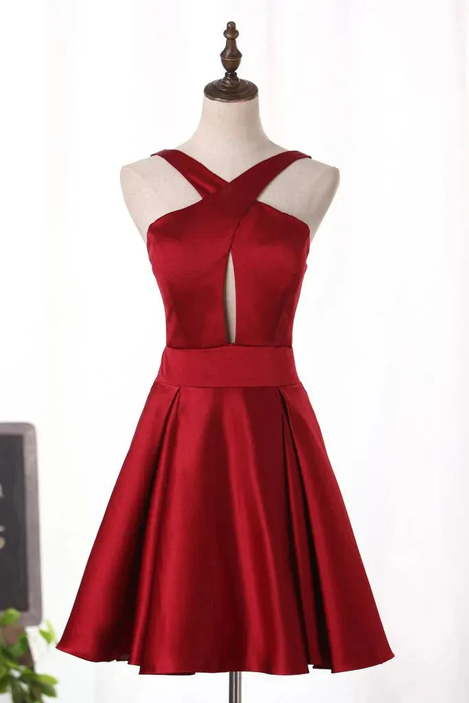 Cocktail Dresses V Neck  A Line Satin Short/Mini Open Back