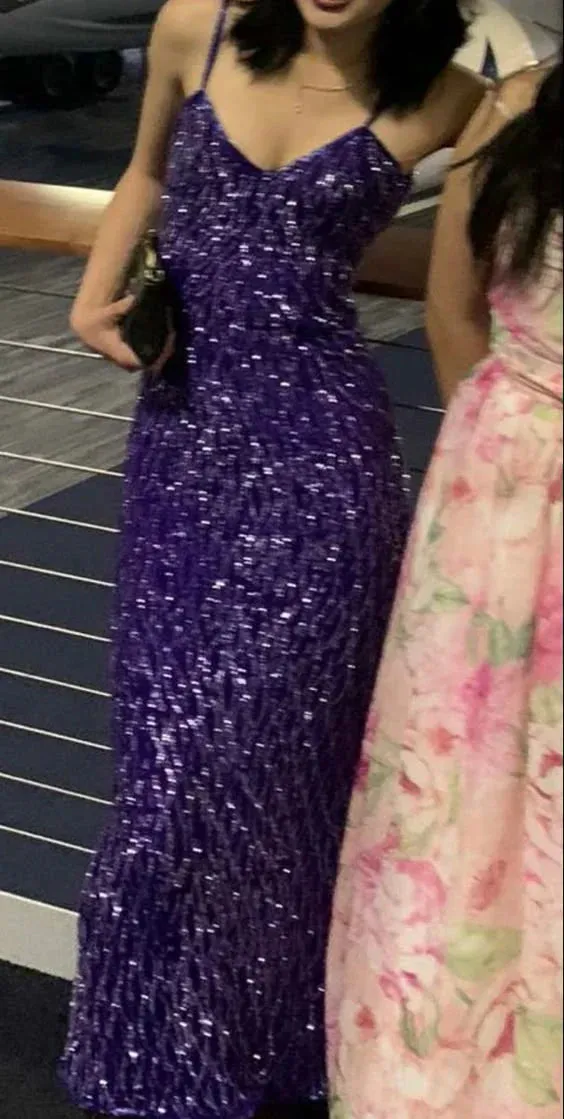 Elegant Formal Women's Dresses Spaghetti Straps Purple Sequin Long Prom Dress Sheath Evening Dress