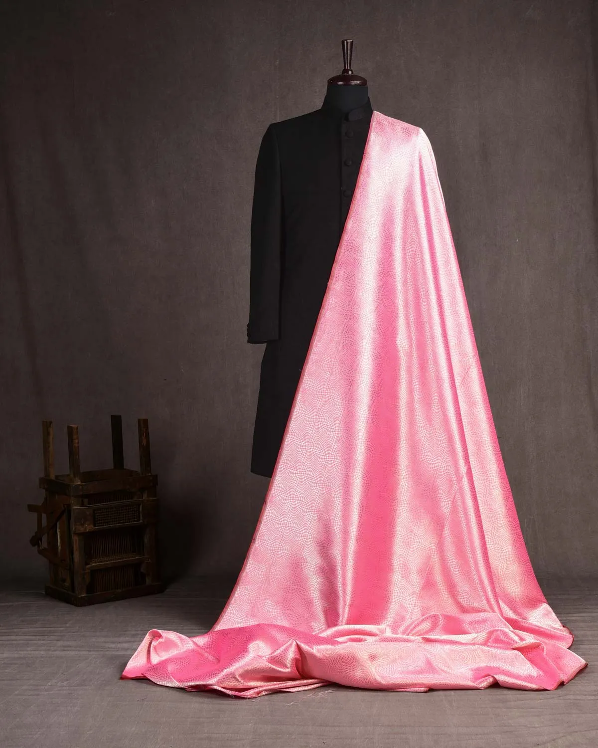 Flamingo Pink Banarasi Houndstooth Cyclone Roopa Zari Brocade Handwoven Katan Silk Unisex Fabric