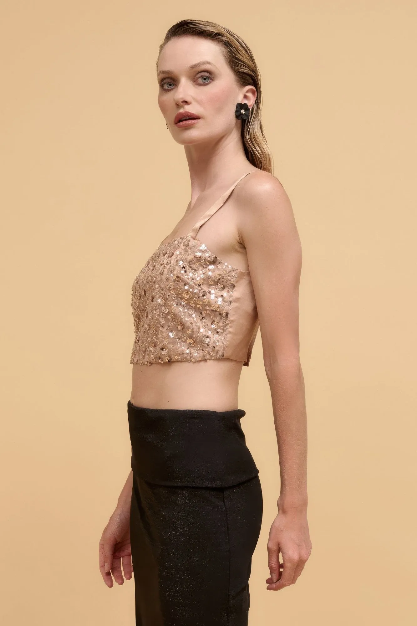 Floral Sequins Straight Neck Crop Top with Adjustable Straps