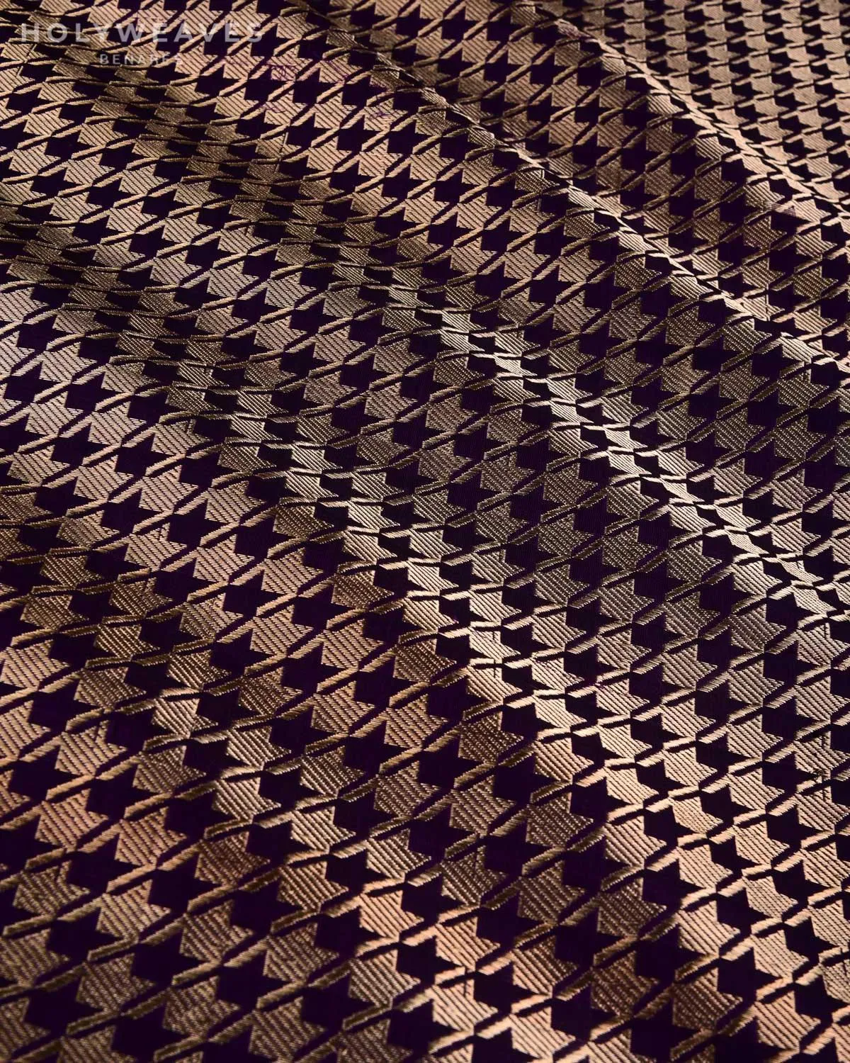 Gold on Purple Banarasi Zari Houndstooth Brocade Handwoven Katan Silk Fabric