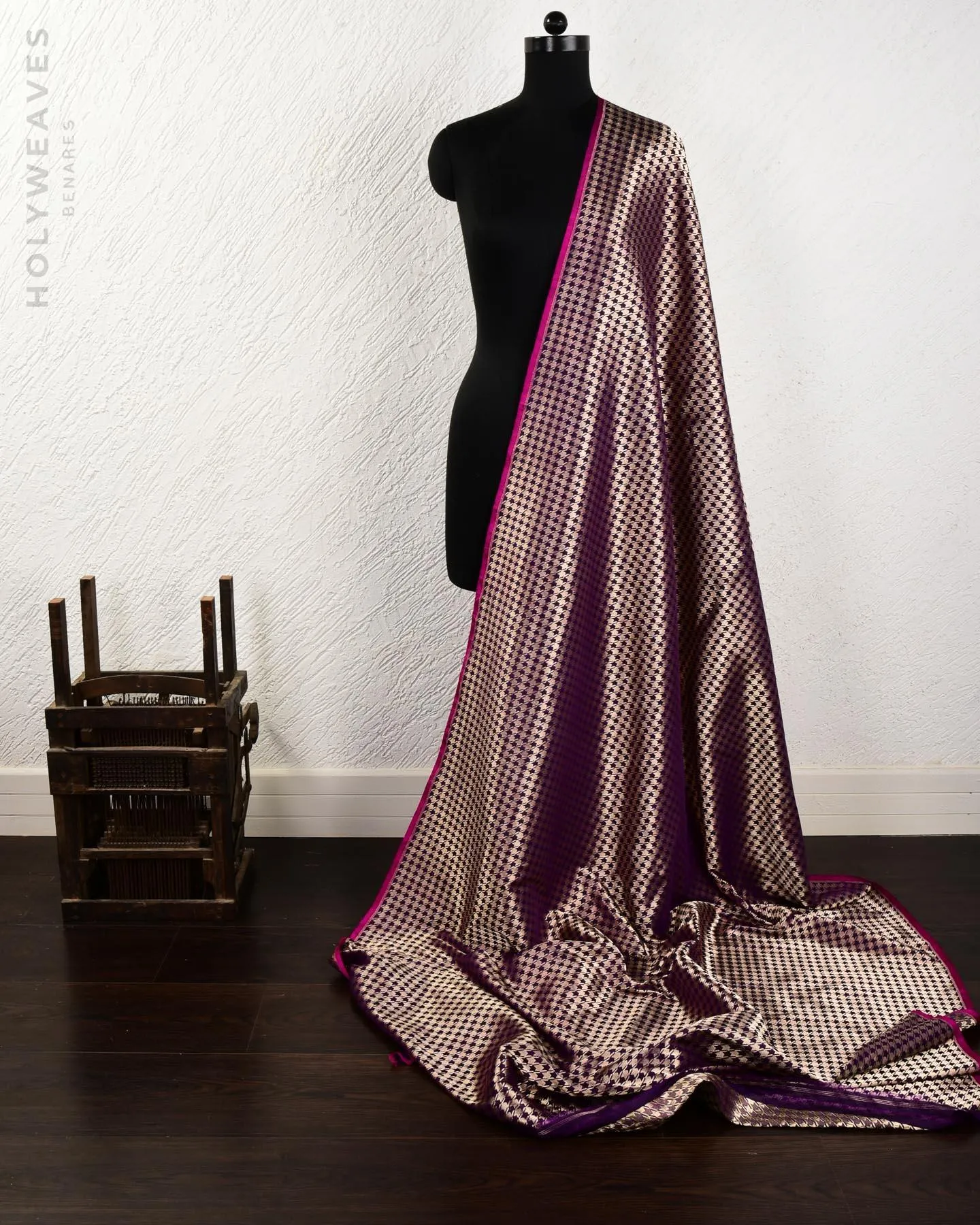 Gold on Purple Banarasi Zari Houndstooth Brocade Handwoven Katan Silk Fabric