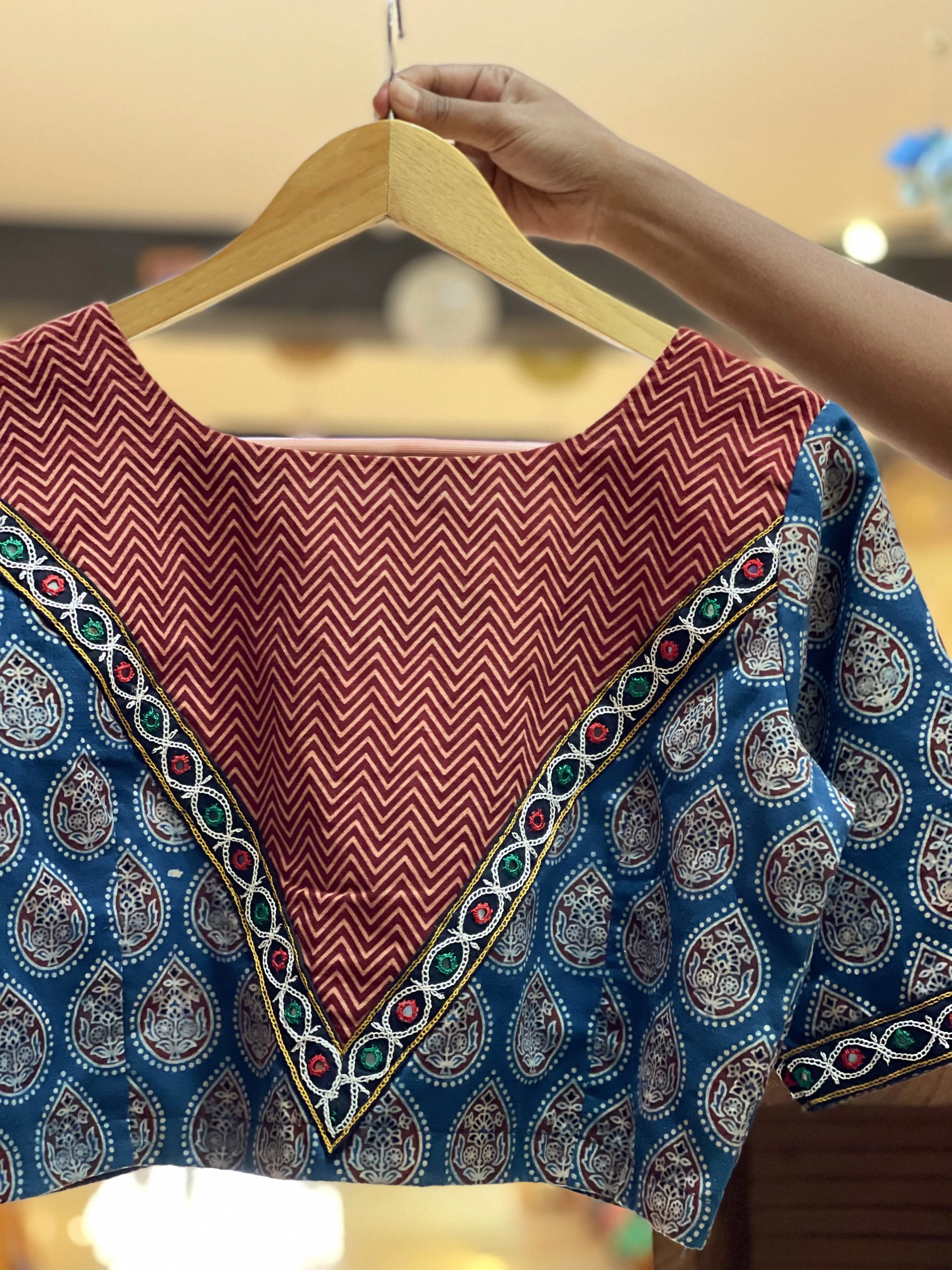 Indigo and maroon ajrakh cotton blouse with hand embroidered mirror work