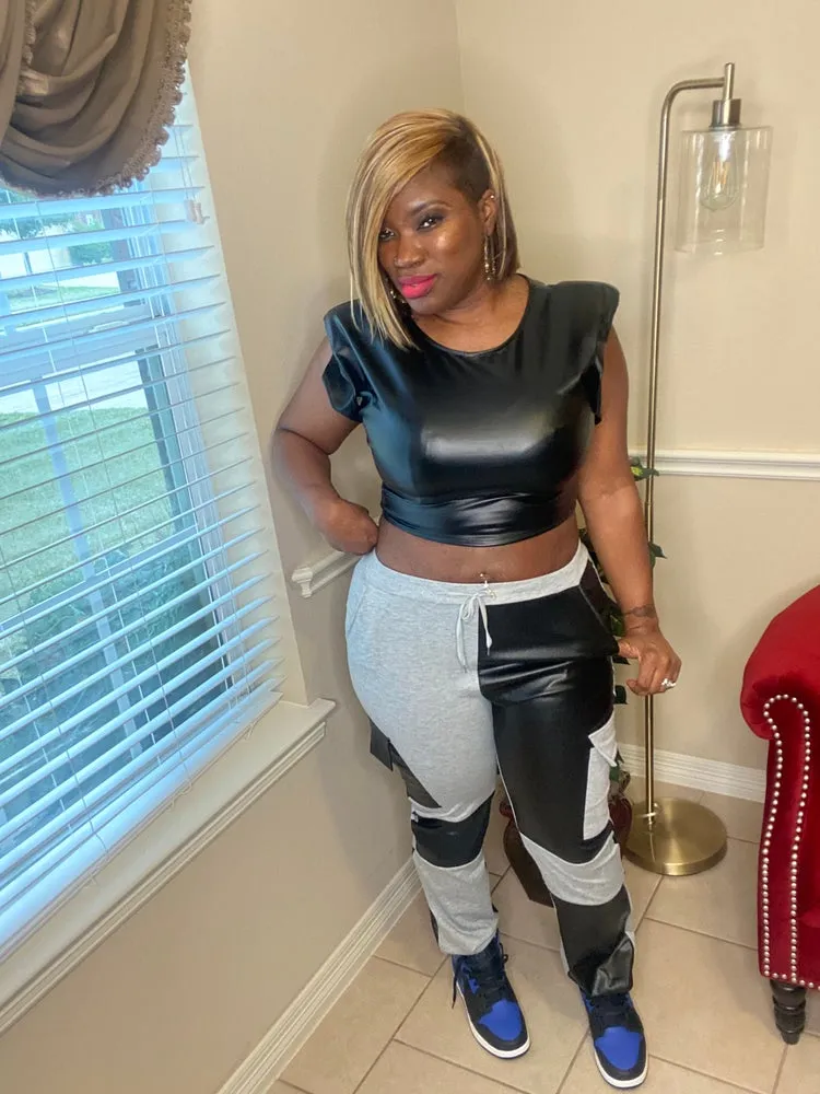Pleather high shoulder crop top
