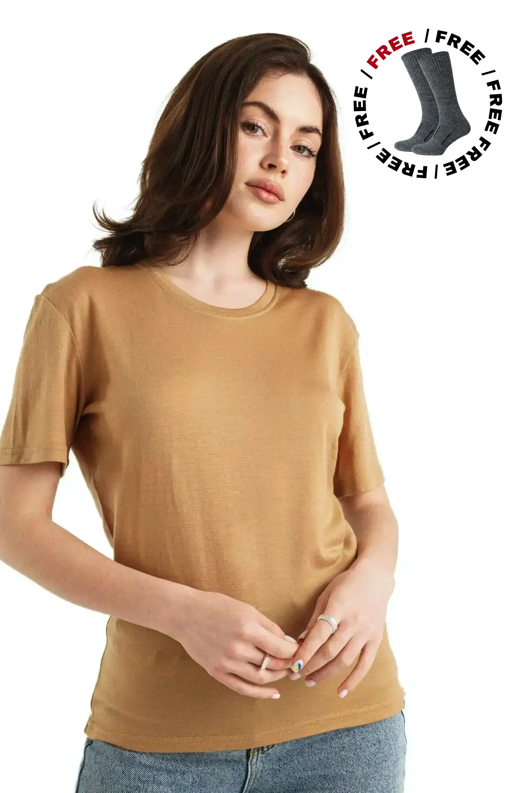Women's Merino T-shirt 165 Camel | Crewneck ( socks)