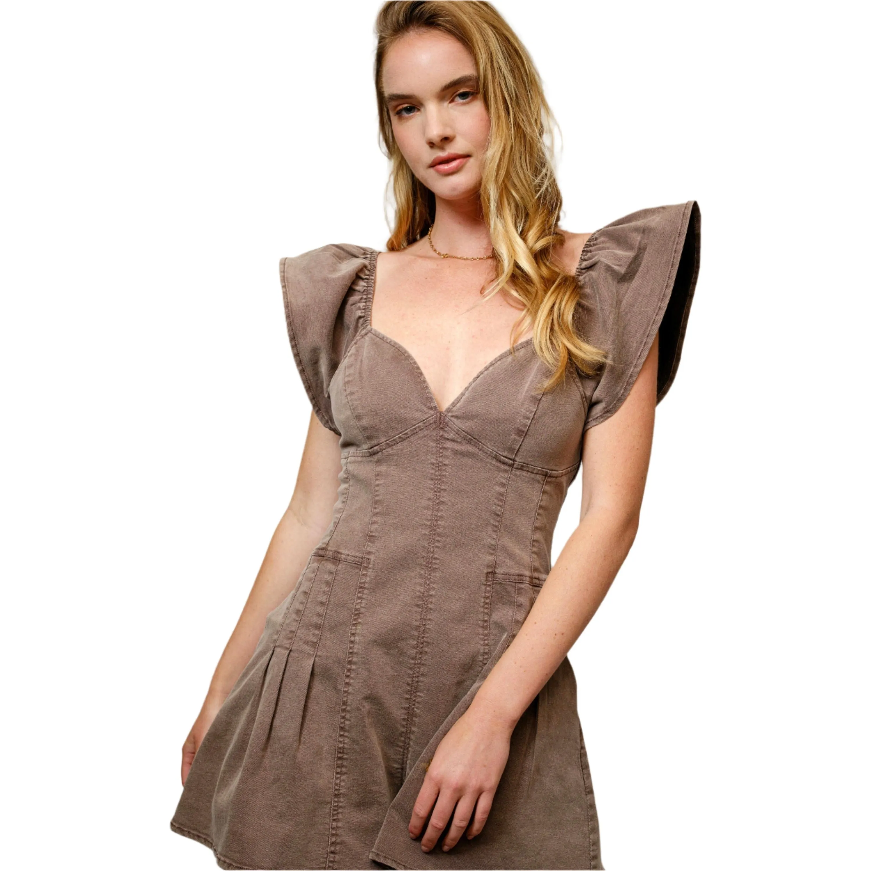 Women's Sweetheart Ruffle Sleeve Denim Romper 52112R