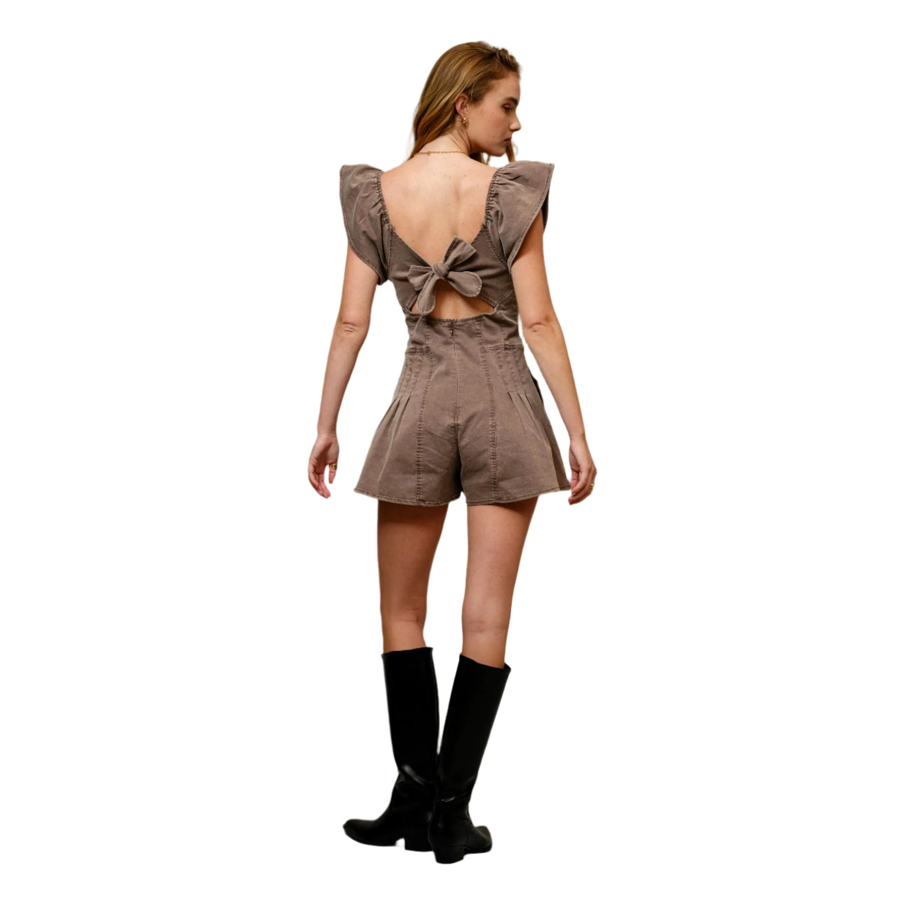 Women's Sweetheart Ruffle Sleeve Denim Romper 52112R